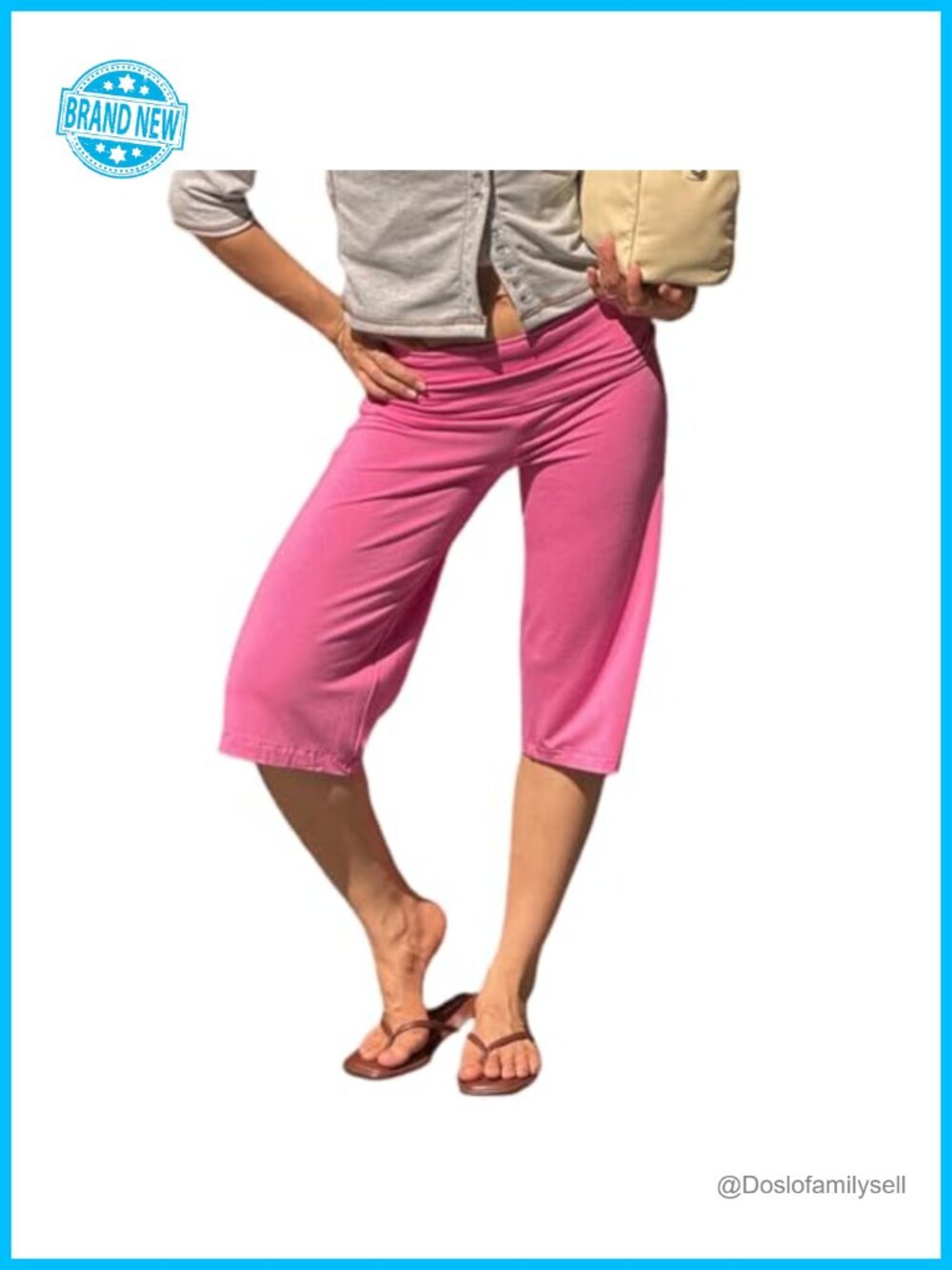 Womens Fold Over Capri Pants Low Rise Wide Leg Gaucho Stretch Cropped Culotte
